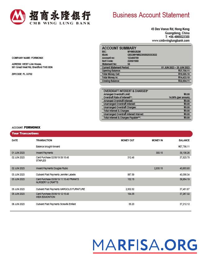 Downloadable Wing Lung Bank company account statement Word and PDF template